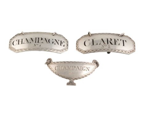 A pair of George III silver wine labels, by Susanna Barker, London circa 1790, rectangular form, canted corners, bright-cut d