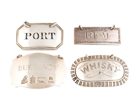 A small collection of four provincial silver wine labels, comprising: one by Richard Clarke, York circa 1790, rectangular for