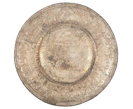 A 19th century French electrotype basin, engraved Maison Vallee, 174 Rue de Rivoli, Paris,  circular form, with scenes of the