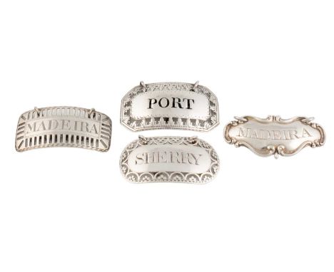 A collection of four antique silver wine labels, comprising: a George III one by Peter and Ann Bateman, London 1792, pierced 