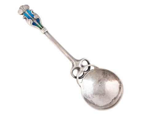 By Kate Allen for William Hutton & Sons, an Arts & Crafts silver spoon, London 1903, circular bowl with spot-hammered decorat