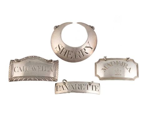 Four George III silver wine labels, by Susanna Barker, London circa 1785-93, comprising: one of crescent form, incised 'Sherr
