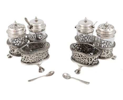 A pair of silver cruet sets,by C.S. Harris &amp; Sons, London 1913, of trefoil form with gadrooned borders and pierced scroll