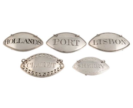 Five George III silver wine labels, by Susanna Barker, London circa 1780-90, oval navette form, one with a pierced border, on