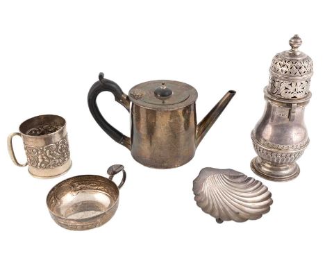 A mixed lot of silver items,comprising: a Victorian silver teapot by Charles Stuart Harris, London 1879, a caster, a butter d