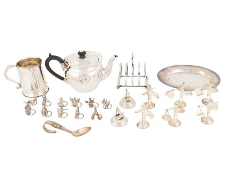 A mixed lot of silver and metalware items, comprising: a late-Victorian silver teapot, by Stokes &amp; Ireland, Birmingham 18