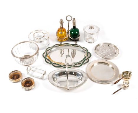 A mixed lot,comprising: a silver tea strainer, a French silver-mounted cut glass bowl, plus a pair of electroplated wine coas