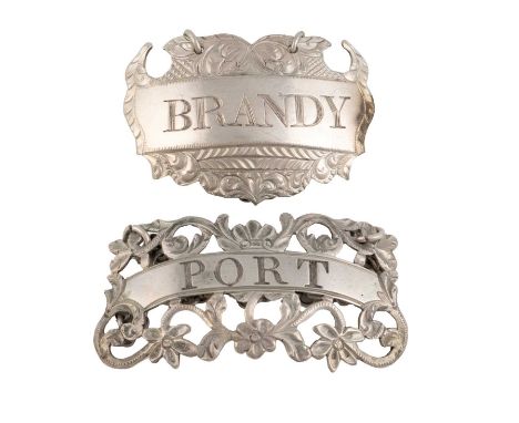 A George III silver wine label, by Hester Bateman, London circa 1770, escutcheon form, chased decoration, incised 'Brandy', l