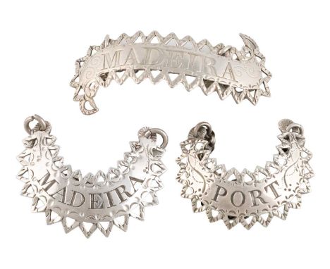 A collection of three George III silver wine labels, pierced bright-cut zig-zag borders, comprising: one by Hester Bateman, L