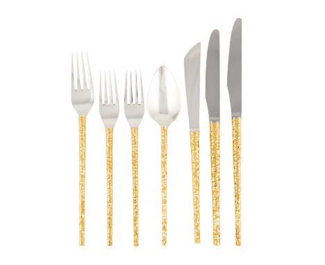 By Stuart Devlin, a modern matched seven piece setting of parcel-gilt silver rounded-handle flatware, London 1970, 1977 and 1