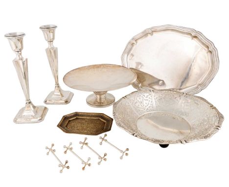 A mixed lot, comprising: a pair of silver candlesticks by Henry Williamson Ltd, Birmingham 1918, a serving dish stamped sterl