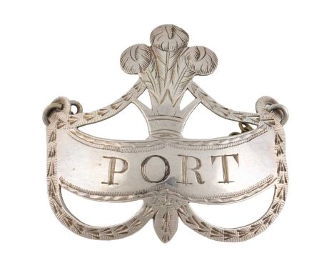 A George III Irish silver wine label, by George Nagle, Dublin circa 1790, banner form, with pierced and engraved swags and wi