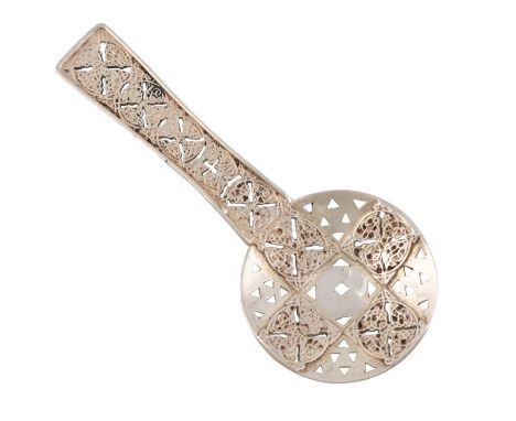 By Amy Sandheim, an Arts & Crafts silver caddy spoon, London 1929, pierced circular bowl, with Celtic pierced cross decoratio
