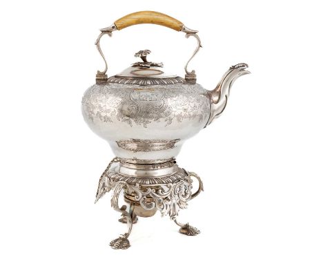 λ A small Victorian silver kettle on stand,by William Cumming, London 1844,inverted pear form, engraved foliate scroll decora