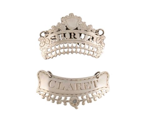 A George III silver wine label, maker's mark J?, London 1804, shaped rectangular form, with two rows of pierced decoration, p