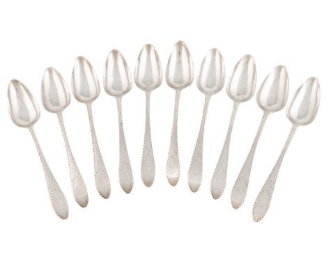 A set of ten George III Irish provincial silver Bright-cut Celtic-point dessert spoons, by John Warner, Cork circa 1790,the t