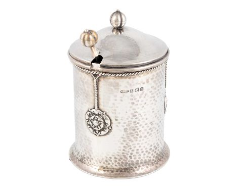 By A.E.Jones, and Arts and Crafts silver preserve pot and spoon, Birmingham 1926, the spoon 1925, cylindrical form, spot-hamm
