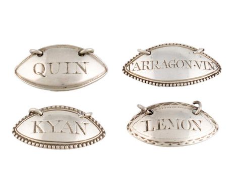 A collection of four George III silver sauce labels, by Susanna Barker, London circa 1780-90. oval navette form, bead and bri