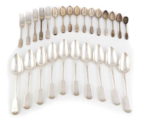 A collection of antique Exeter silver Fiddle pattern flatware, various dates and makers,  comprising: a set of ten tablespoon