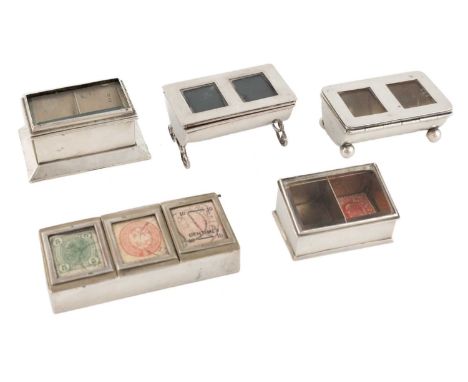 A collection of silver stamp boxes, comprising: one by Sampson Mordan &amp; Co., London 1893, plain rectangular form, one by 