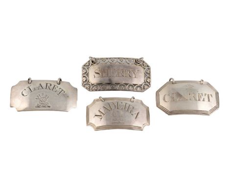 Four George III silver wine labels, by Susanna Barker, London circa 1780-92, rectangular form, one with a pierced border, inc