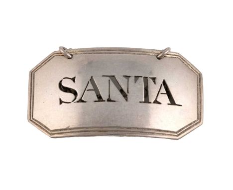 A George III silver wine label, by Susanna Barker, London circa 1790. rectangular form, reeded borders, pierced 'Santa', leng