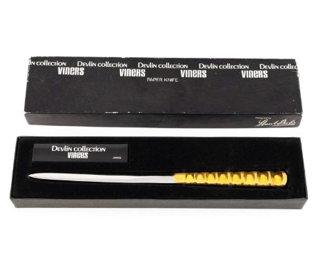 Designed by Stuart Devlin for Viners, a modern gilded stainless steel paperknife, marked Viners, Japan, tapering form, textur