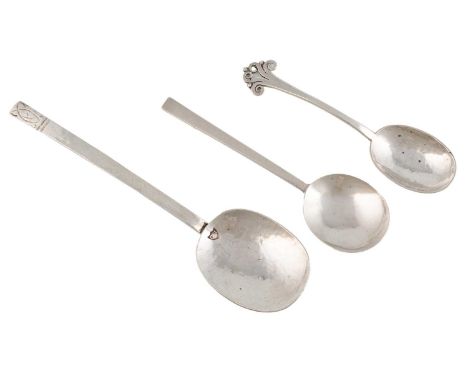 Three Arts & Crafts silver spoons,  one by George Hunt, Chester 1929, spot-hammered decoration with an engraved Celtic motif,