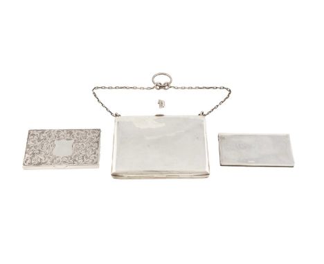 A silver purse, by Robert Chandler, Birmingham 1913,plain rectangular form, to the interior a leather purse pouch, a cigarett