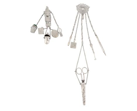 Two silver chatelaines,one by John Millward Banks, Birmingham 1918,a pierced scroll foliate and cherub belt hook, with pencil