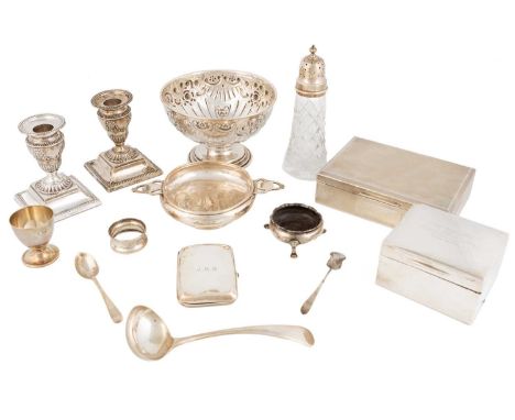 A mixed lot of silver items,various dates and makers,comprising: a pair of Victorian dwarf candlesticks, by Martin, Hall and 
