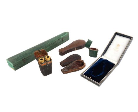 A small collection of scent bottle cases, comprising: an 18th century black shagreen case, the interior with two gilt-metal m