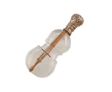 A 19th century silver-gilt and gilt metal mounted novelty violin-shaped scent bottle, unmarked, the hinged cover with foliate