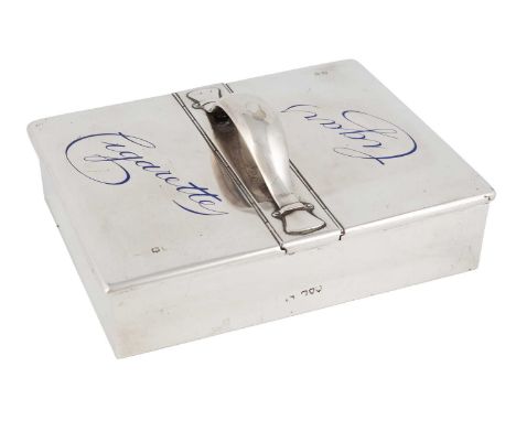 A Victorian silver and enamel cigar and cigarette box,probably by Mappin and Webb, London 1892,rectangular form, central carr