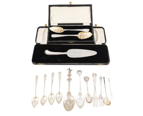 A mixed lot of flatware, comprising: a cased pair of George III silver spoons with later berry decoration by David Marshall, 