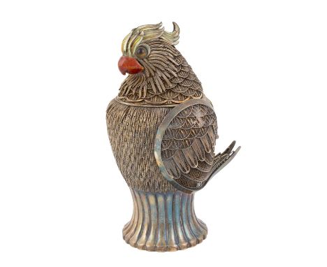 A novelty gilded metalware and enamel parrot, marked silver,  filigree and textured feather decoration, the pull-off head wit