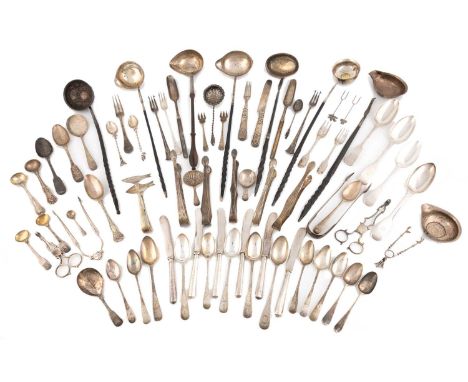 A mixed lot of flatware, comprising silver items: a George III salt spoon by Paul Storr, London 1818, two marrow scoops, four