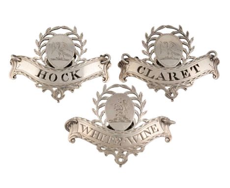 A pair of George III silver wine labels, by Susanna Barker, London circa 1790, banner form, bright-cut borders, raised pierce