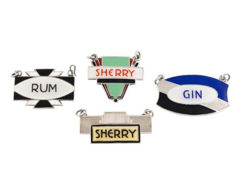 A collection of four Art Deco silver and enamel wine labels,  by Turner and Simpson, Birmingham 1933 and 1935,  geometric for