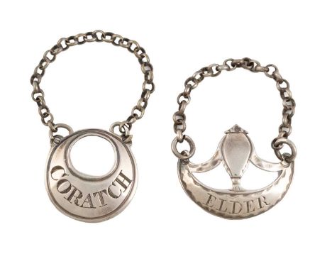 A George III silver sauce label, unmarked, circa 1790, closed crescent form, incised 'Coratch', plus a George III silver sauc