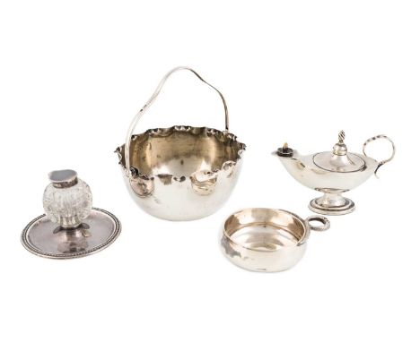A mixed lot of silver items, comprising: a swing-handled sugar bowl, by J. Rodgers, Sheffield 1904, a silver-mounted inkwell,
