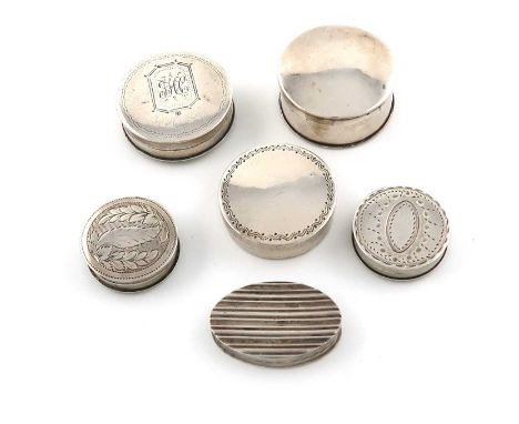 A collection of six George III silver patch boxes, comprising: one by Roger Biggs, London 1792, one oval fluted form and five