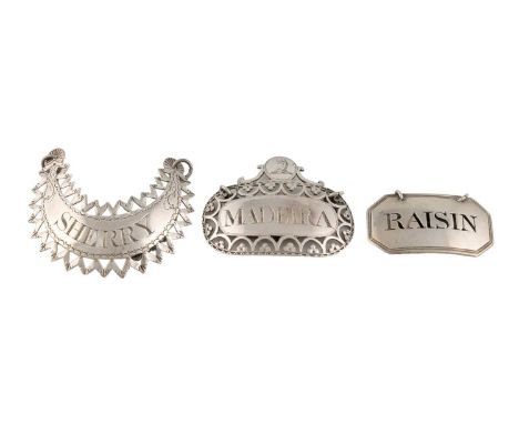 Three George III silver wine labels, by Susanna Barker, London circa 1780-90. crescent form, pierced zig-zag borders, engrave