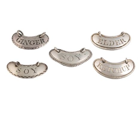 A collection of five George III silver sauce labels, by Susanna Barker, London circa 1780-90, crescent form, feather-edge, be