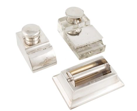 An Edwardian silver-mounted glass inkwell and stamp box,by John Grinsell &amp; Sons, Birmingham 1904,rectangular form with a 