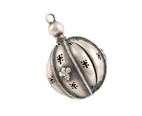 A metalware pomander, unmarked, in the 17th century manner, ball form, the three hinged segments with a sliding cover, centra