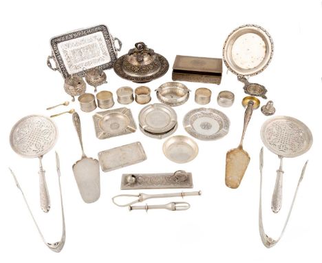 A mixed lot of silver and metalware items, comprising: a pair of rice servers, a small two-handled tray, a butter dish and co
