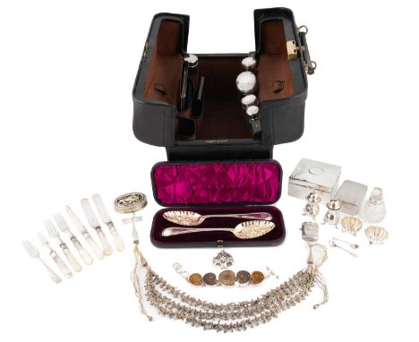 A mixed lot,comprising: a Gladstone bag by Mappin &amp; Webb, the interior fitted with five silver-mounted glass bottles, lea