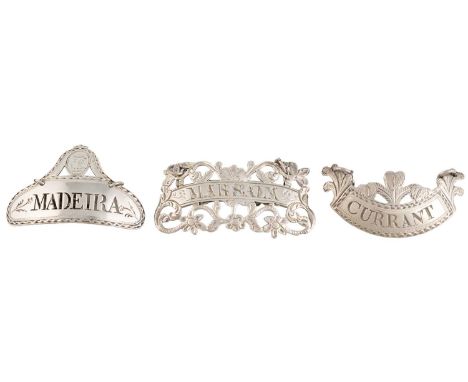 A small collection of three George III silver wine labels, comprising: one by Peter and Ann Bateman, London 1811, bright cut 