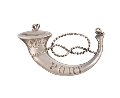 A Victorian silver armorial wine label, by George Unite, Birmingham 1857, modelled as a horn with a rope-work mount, incised 